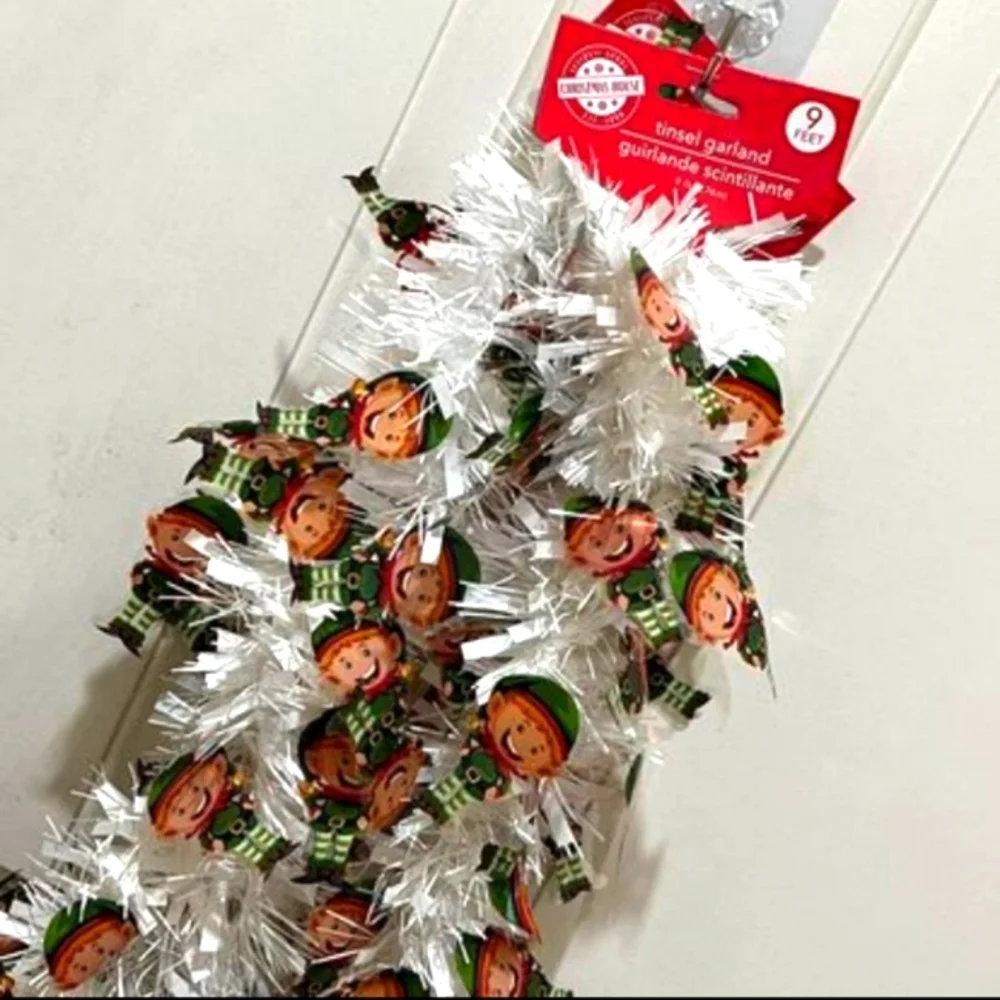 2 x White Christmas Tinsel Garland‎ with Elf’s • (18ft. Total)